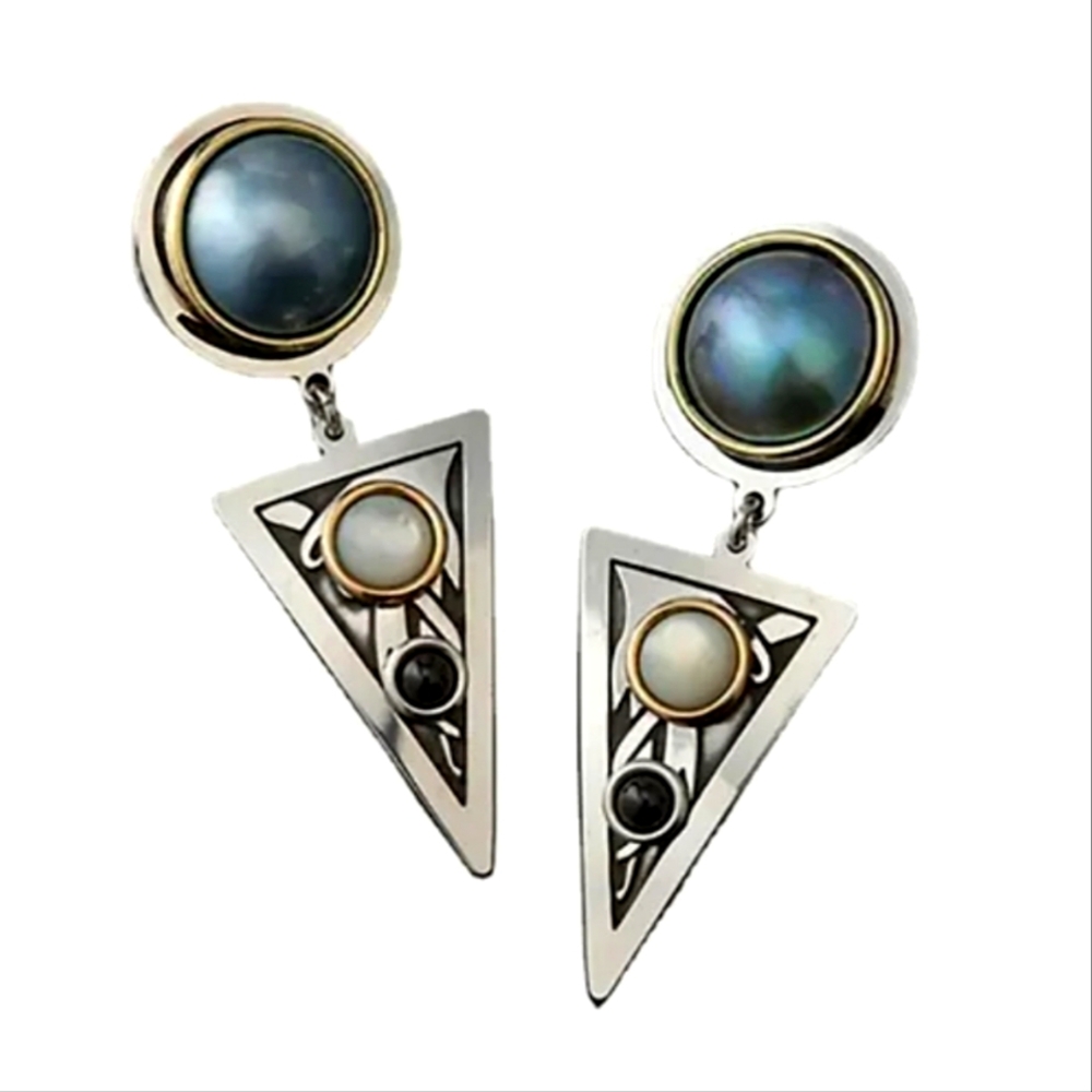 Geometric Triangle Moonstone Drop Dangle Earrings. - image 1